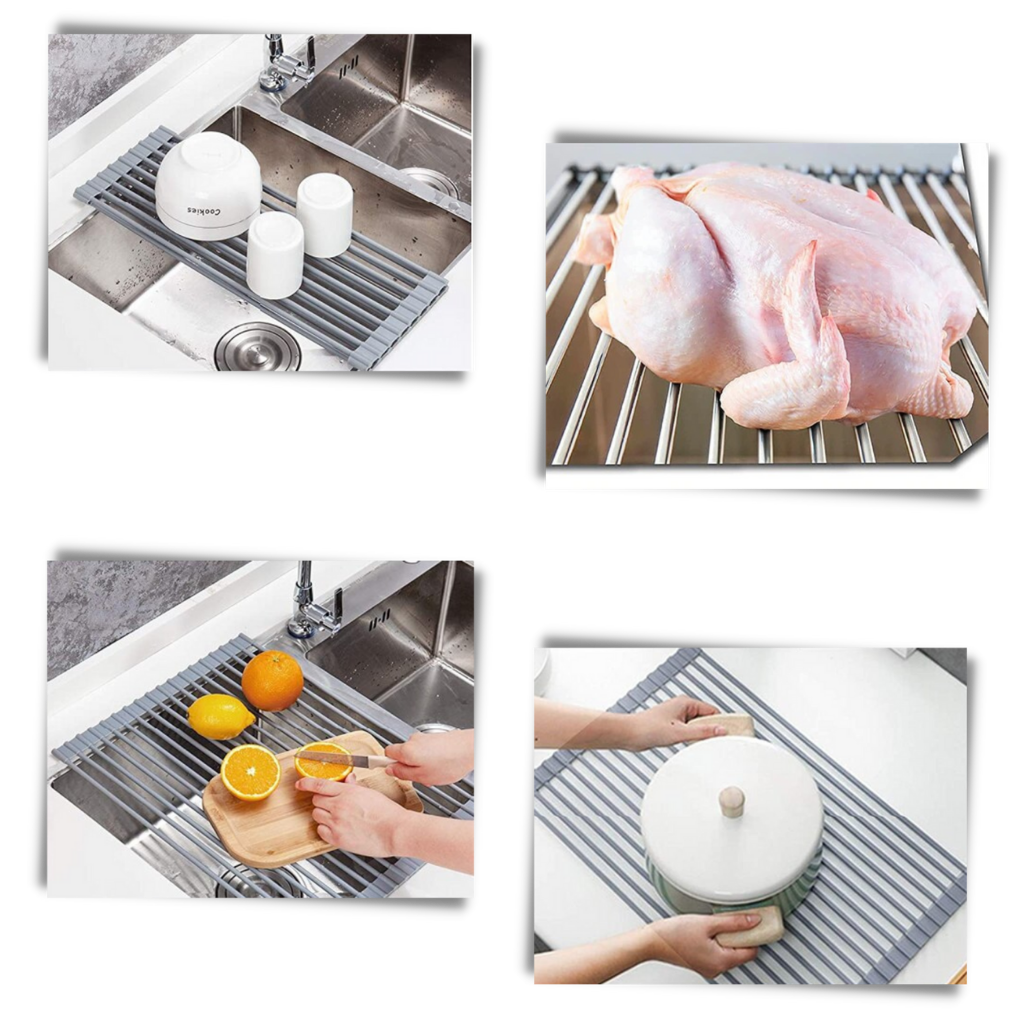 Roll-up stainless steel drainer for dishes and food